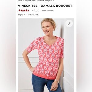 NWOT TALBOTS V-NECK TEE - DAMASK BOUQUET Lovely CORAL-White medium